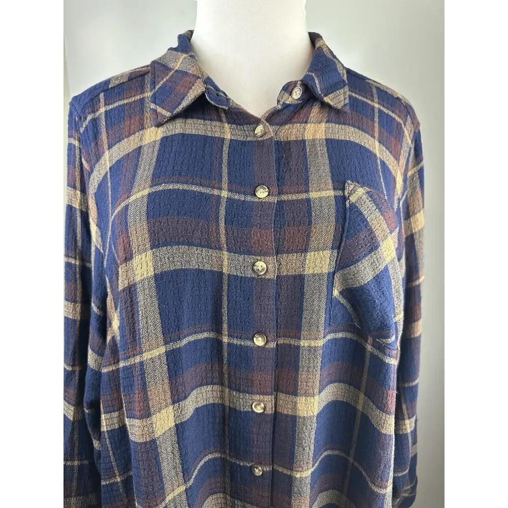 Torrid Lizzie Crinkle Flannel Gauze Button Up Tunic Navy Plaid Plus Size 3 3X - Picture 3 of 13